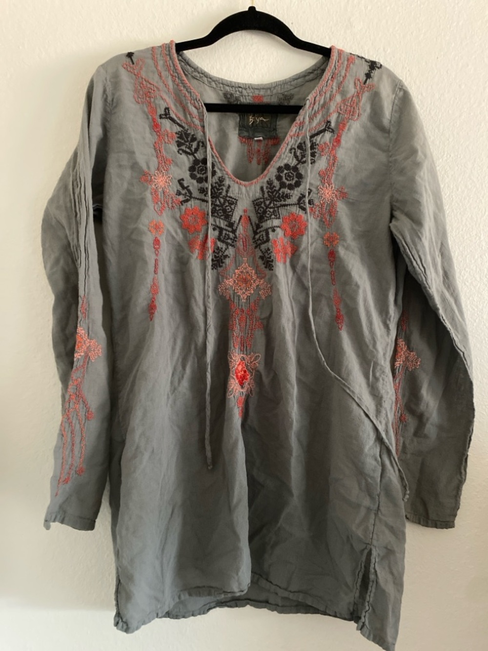 Biya Johnny Was Top Tunic Embroidered Gray Swim Cover Up Cotton